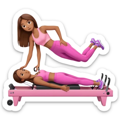 girl doing a plank on a pilates reformer in a pink workout set with long brown hair sticker