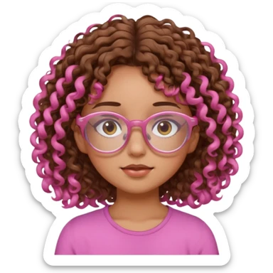 Curly brown haired girl with brown eyes, transparent-pink glasses frames, sleepy, slightly tan skin sticker