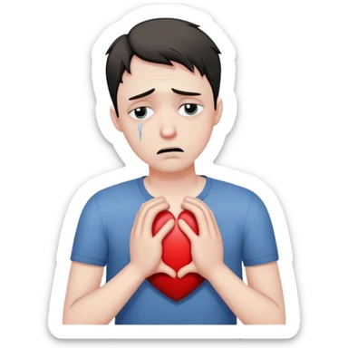 man with anxious attachment style with tears in eyes looking devastated, large broken heart symbol next to him, slumped posture showing emotional pain, hands reaching out desperately despite rejection sticker