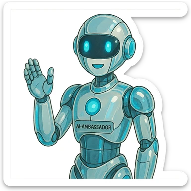 futuristic AI-Ambassador character, sleek humanoid robot with glowing blue accents, friendly expression, chrome and glass elements in ghibli style sticker