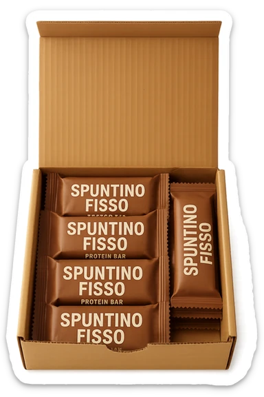 scatola aperta piena di barrette proteiche, con la scritta "SPUNTINO FISSO" SULLA CONFEZIONE in italiano,  realistici sticker