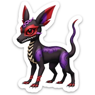 Gothic Black red purple Scaley Exotic Salandit-Umbreon-Houndoom-Fakémon-hybrid-creature (full body), 4 legs, skull face mask sticker