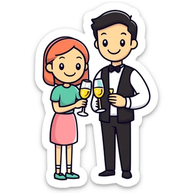 man and girl with sparkling wine glasses, festive mood, cartoon sticker style sticker