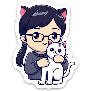 Girl with black hair wearing glasses holding a black and white cat sticker