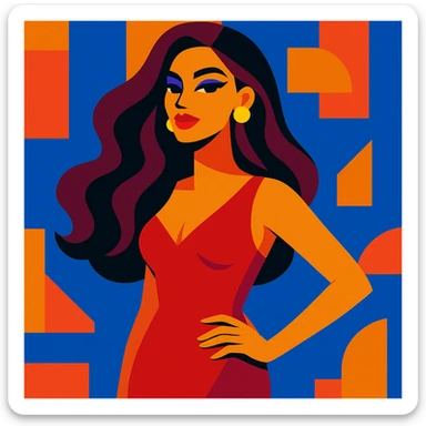 hot girl, glamorous look, long hair, elegant dress, bold colors sticker