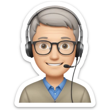smiling young white man, focused, short gray hair, glasses, small headphones, data analyst sticker