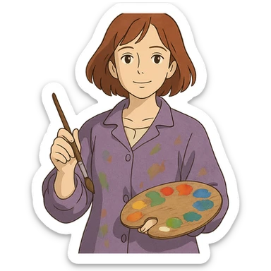 Serene female oil painter, Caucasian features, shoulder-length auburn hair, soft brown eyes, gentle smile, wearing a violet painter’s smock lightly stained with paint over a beige blouse, holding a wooden palette with vibrant colors in one hand and a brush in the other, waist-up, front-facing sticker