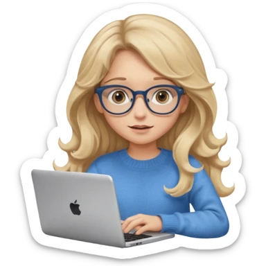 blonde girl with long dark blonde wavy hair, blue big eyes, pantos-style glasses, a brown colored sweater, sitting and looking in laptop, soft pastel, upper body shot sticker