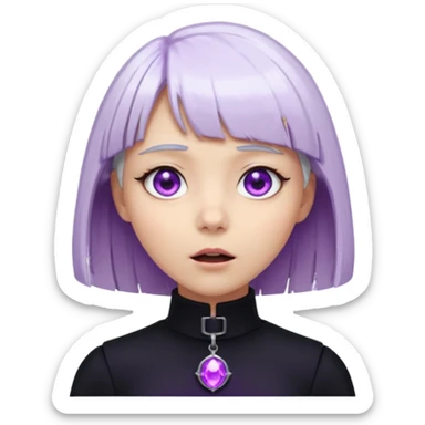 Девушка с белыми волосами с прической каре с челкой со светящимися фиолетовыми глазами в черной одежде с облегающим воротником удивляется кадр по плечи sticker