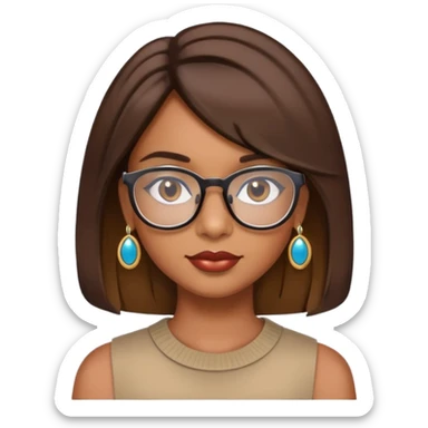 Brown girl with shoulder length bob with layers. She wears glasses and has on earrings and lipgloss sticker