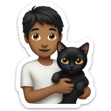 black-haired boy holds a black cat sticker