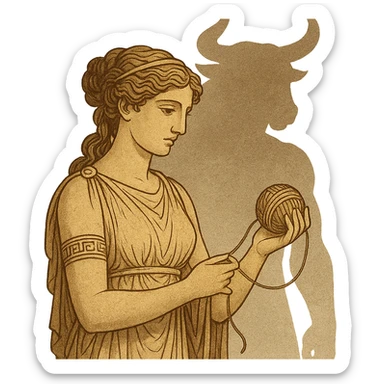 Ariadne, Greek princess, holding thread, with a subtle Minotaur silhouette behind her, ancient myth style sticker