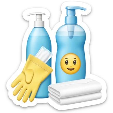 emoji of big (1L) bottle of shampoo, disposable gloves and cotton pads (for makeup) are standing on a table, products look like its always running out, and bran labels to them, make quantity bigger , and i want to see more disposable products sticker