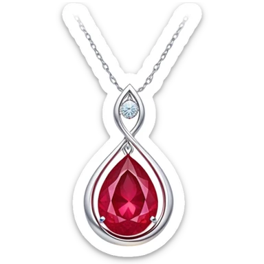 teardrop ruby pendant with delicate silver chain, slightly tilted, inside glowing cosmic embryo surrounded by asymmetrical swirling stardust and fiery trails, radiating ethereal magic sticker