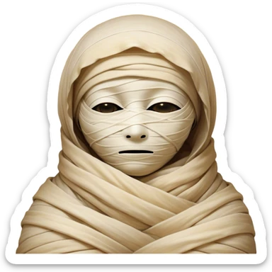 A snug, cozily wrapped mummy, fully encased in soft, slightly loose bandages, even its face gently hidden behind folds with only a tiny glimpse of sleepy eyes, nestled in warm, faded tones with gentle golden accents, simplified yet irresistibly charming, highly detailed with a soft glowing outline capturing the peaceful aura of an ancient being drifting into rest! sticker