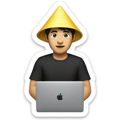 A memoji-style Vietnam man with yellow skin sitting at a desk. He has black hair and is wearing a traditional Vietnamese conical hat and a black shirt. In front of him is a laptop like macbook with a logo styled as '</>' on the back sticker