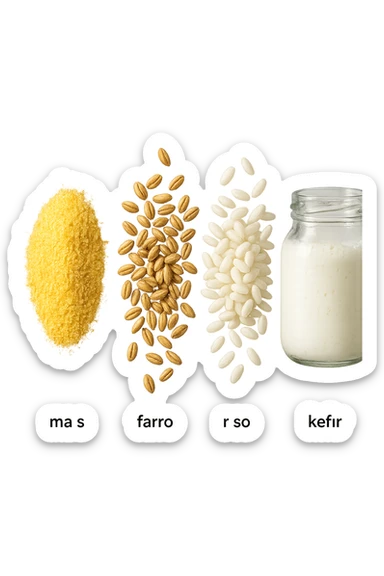 MAIS, FARRO, RISO, KEFIR FLUTTUANO IN ARIA, IPERREALISTICO 4K sticker