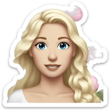 White bride with long light blonde hair and blue eyes with light pink peonies in hair white skin  sticker