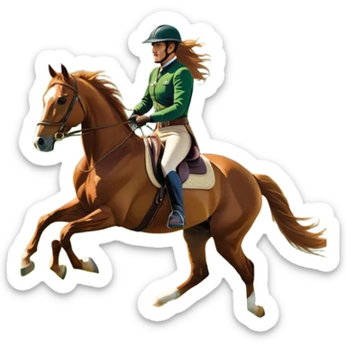 An icon featuring a horse and rider galloping gracefully over a lush green field. The rider is in full gear, guiding the horse with precision. The background shows rolling hills, a clear blue sky, and vibrant sunlight illuminating the scene. Transparent background highlights the elegance sticker