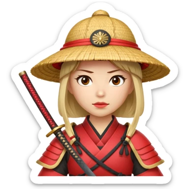 Samurai with straw hat, Warrior in red samurai armor, female, with katana sticker