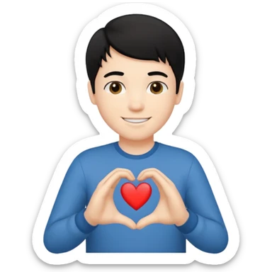 White boy with black hair holding up hands in the shape of a heart sticker