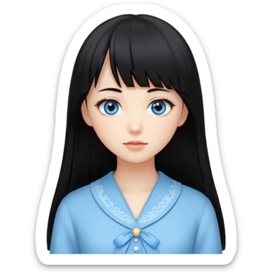 Uma mulher, pele branca, cabelos longos liso preto, franja estilo hime cute, olhos no tom azul celeste, estilo amendoados, cílios delicados longos, usando roupas elegantes sticker