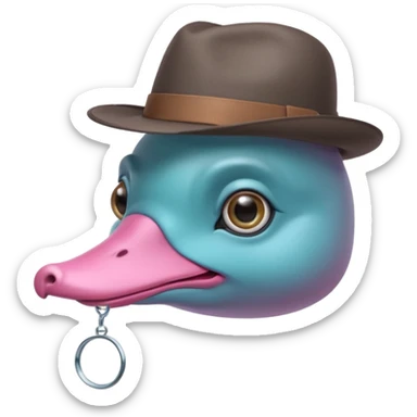 cute light blue turqiouse platypus head, mysterious with very big eyes with a detective hat and monocle on his eye, no  hands, looks like a platypus but blue, the hat and suit are pink sticker
