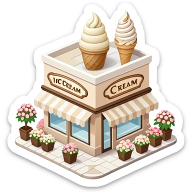 isometric exterior view of a beige and white ice cream shop adorned with abundant florals sticker