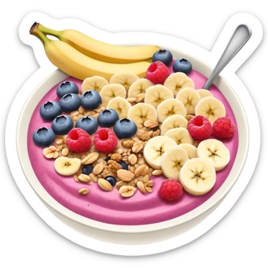 smoothie bowl with bananas, raspberries, blueberries, granola and peanut butter sticker