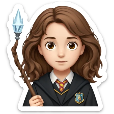 Hermione Granger with bushy brown hair, wand, and Hogwarts uniform sticker