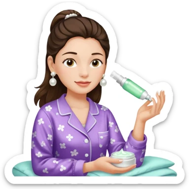 Clean girl aesthetic emoticons, apply skincare products, pearl earrings, glowing skin, pajamas, soft lighting sticker