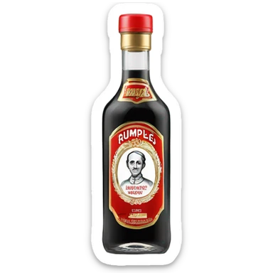 clear bottle of rumpleminze clear peppermint schnapps alcohol with a black label that has a red border and red font and the label also has a small gold eagle on the label that says “rumples” sticker