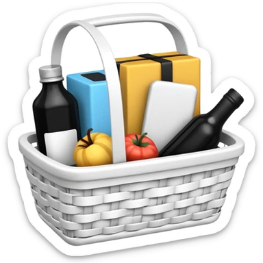  white small gift basket with hardly anything it but 3 things and the gift basket color white and black sticker