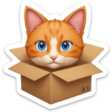anime character cat that is orange cat, that its body is inside of a simple brown box. cats eyes are blue , but head is showing up. show half the box sticker