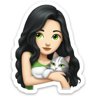 A pretty white girl with very long black hair and green eyes sleeping curled up to a cat  sticker