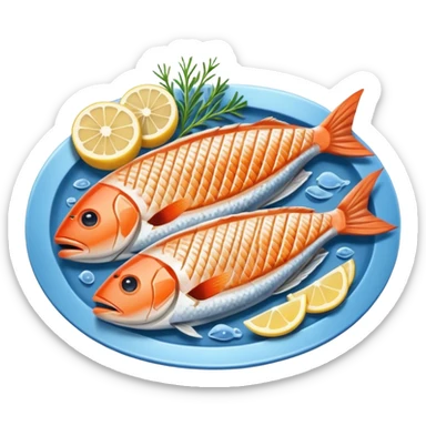 Fish dishes avatar in bright emoji-style illustration. Grilled fish, fillets, and seafood, blue and silver tones, simple shapes, flat design, fresh and flavorful. sticker