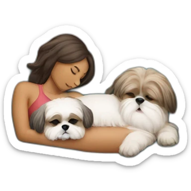 Human woman and shih tzu dog sleeping on couch sticker
