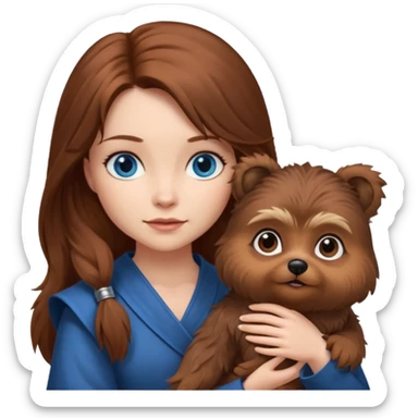 long hair chestnut color blue eyes woman holding small ewok dog sticker