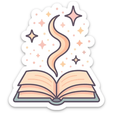 open book with magic flying out — swirl of light, stars, sparks, Chinese eastern style, thin clean outlines, soft rounded shapes, pastel palette #98B5BC, #B5B3C1, #C9A3C9, #E4C0CA, #F7DCD1, #F7C0AA, detailed shadows and highlights, soft lighting, transparent background, no decorative elements sticker