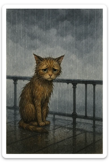 A lonely cat waiting on a balcony in the rain, appearing sad, with wet fur and a gray sky. sticker