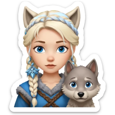 Viking platinum blonde girl with braid and blue eyes. Wolf pet sticker