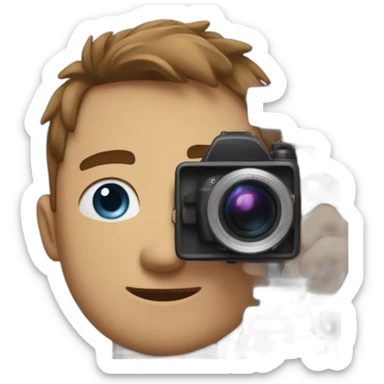 from the side man with camera, he was smiling and he have brown short hair, blue eyes and he was tall. up camera there is a text "dir by mlodyw"  sticker