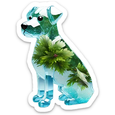 A dog made entirely of glass mirror crystals prisms glass transparent filled with plants as a terrarium sticker