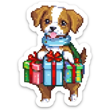 dog carrying a wrapped gift sticker
