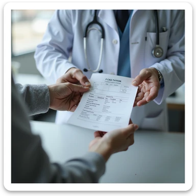 doctor handing the prescription to the patient, hands in close-up, 'Dried pig thyroid' visible on the paper, clinic environment, hyperrealistic 4K sticker