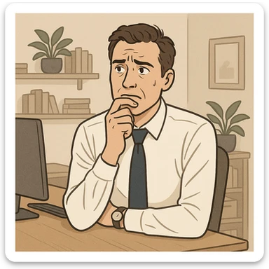 a man hesitating with a decision, looking stressed, business attire, expressive face, home office background, suitable for branding sticker