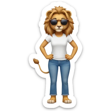 friendly anthropomorphised female lion character, full body, standing confidently with legs shoulder width apart and hands on hips, wearing jeans, a white t-shirt, and dark sunglasses, with a confident smile sticker