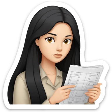 women working on plans with black long hair sticker