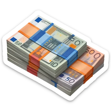 neatly stacked banknotes in 5 euro (grey), 10 euro, (red), 20 euro (blue), and 50 euro (orange) spread out so you can see each individual note. crisp paper texture, vibrant distinct colours sticker