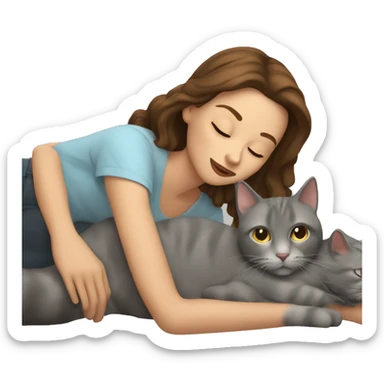 Woman with brown hair laying down with a gray cat sticker